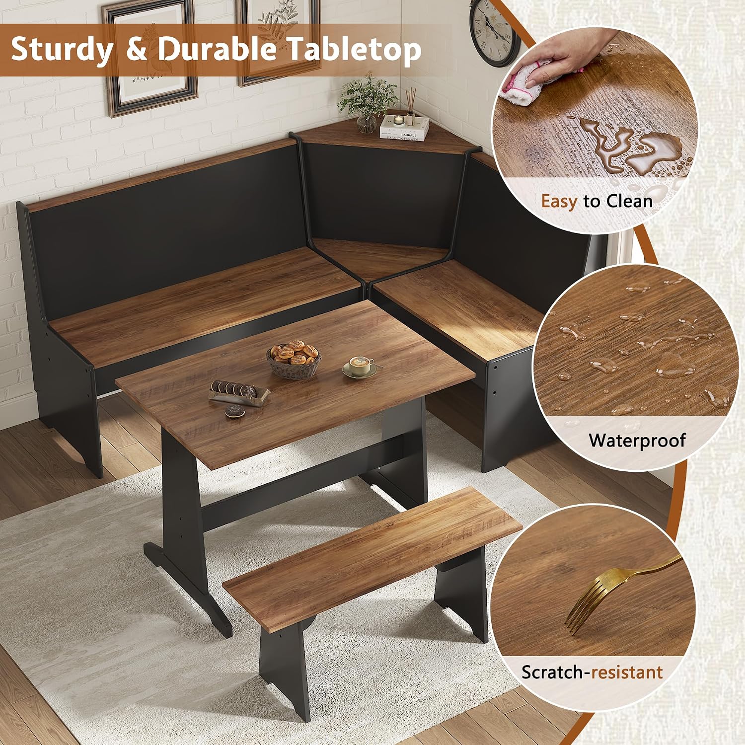 3-Piece Corner Dining Set With Hidden Storage, Black Oak | Breakfast Nook, L-Shaped Corner Bench, Hidden Storage, Space Saving Design For Small Space, Kitchen Dining Room Furniture