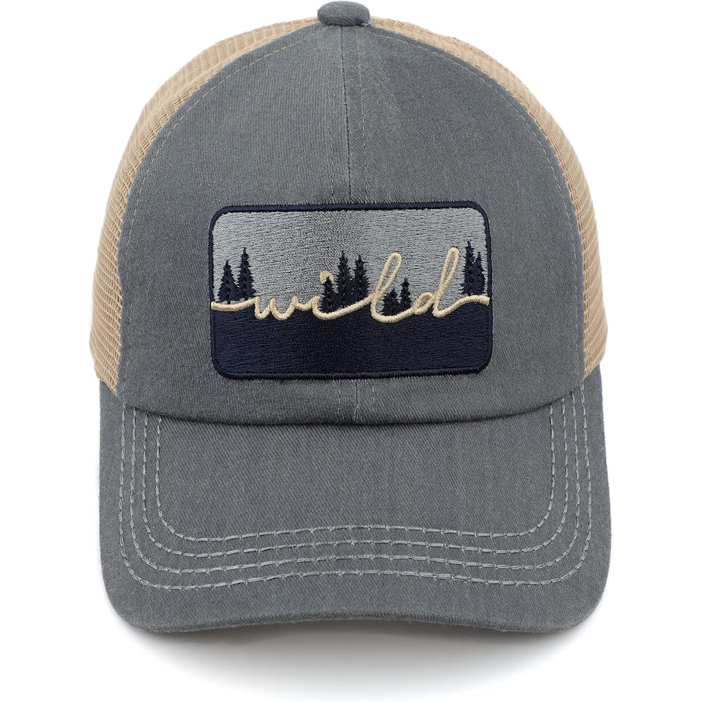 C.C Exclusives Washed Distressed Embroidered Patch Cotton Denim Criss-Cross Ponytail Hat Adjustable Baseball Cap