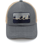 C.C Exclusives Washed Distressed Embroidered Patch Cotton Denim Criss-Cross Ponytail Hat Adjustable Baseball Cap