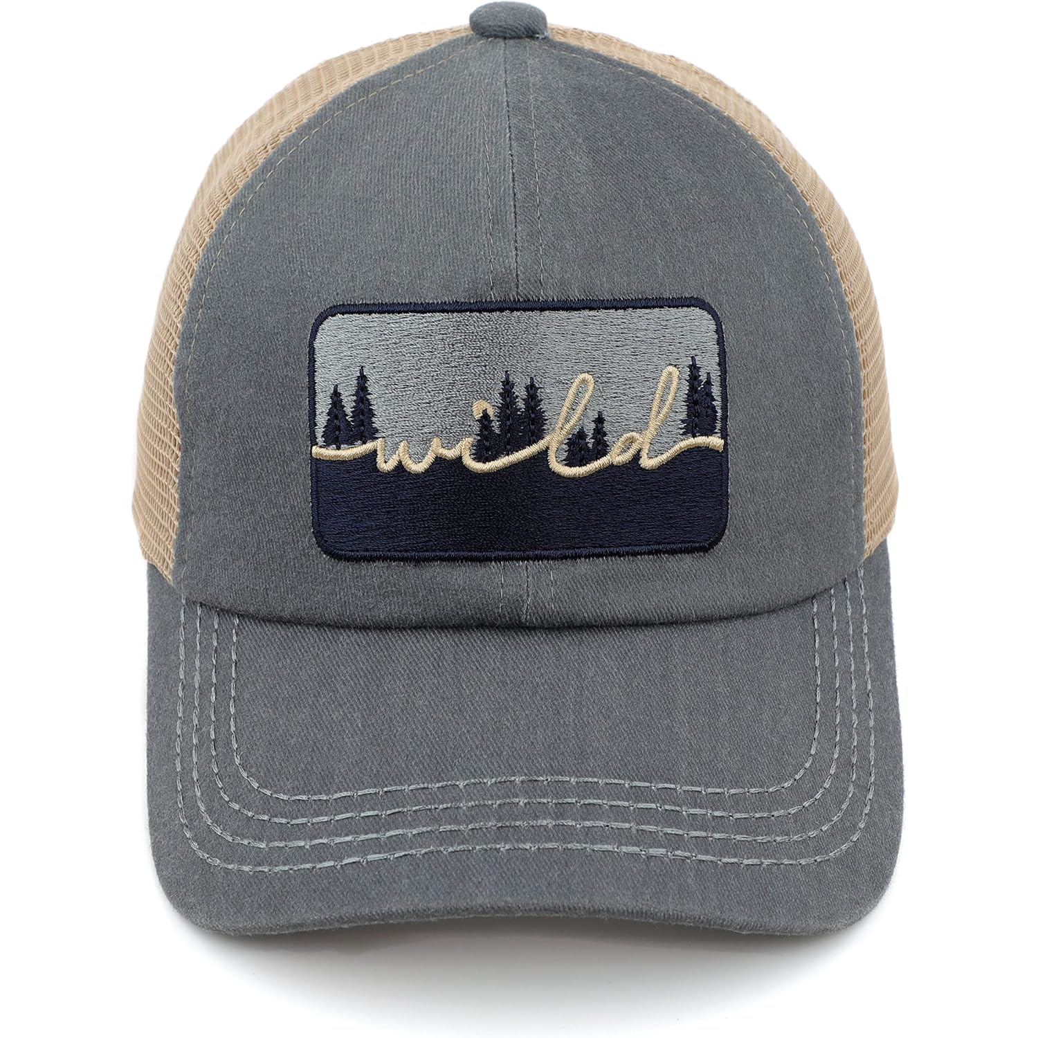 C.C Exclusives Washed Distressed Embroidered Patch Cotton Denim Criss-Cross Ponytail Hat Adjustable Baseball Cap