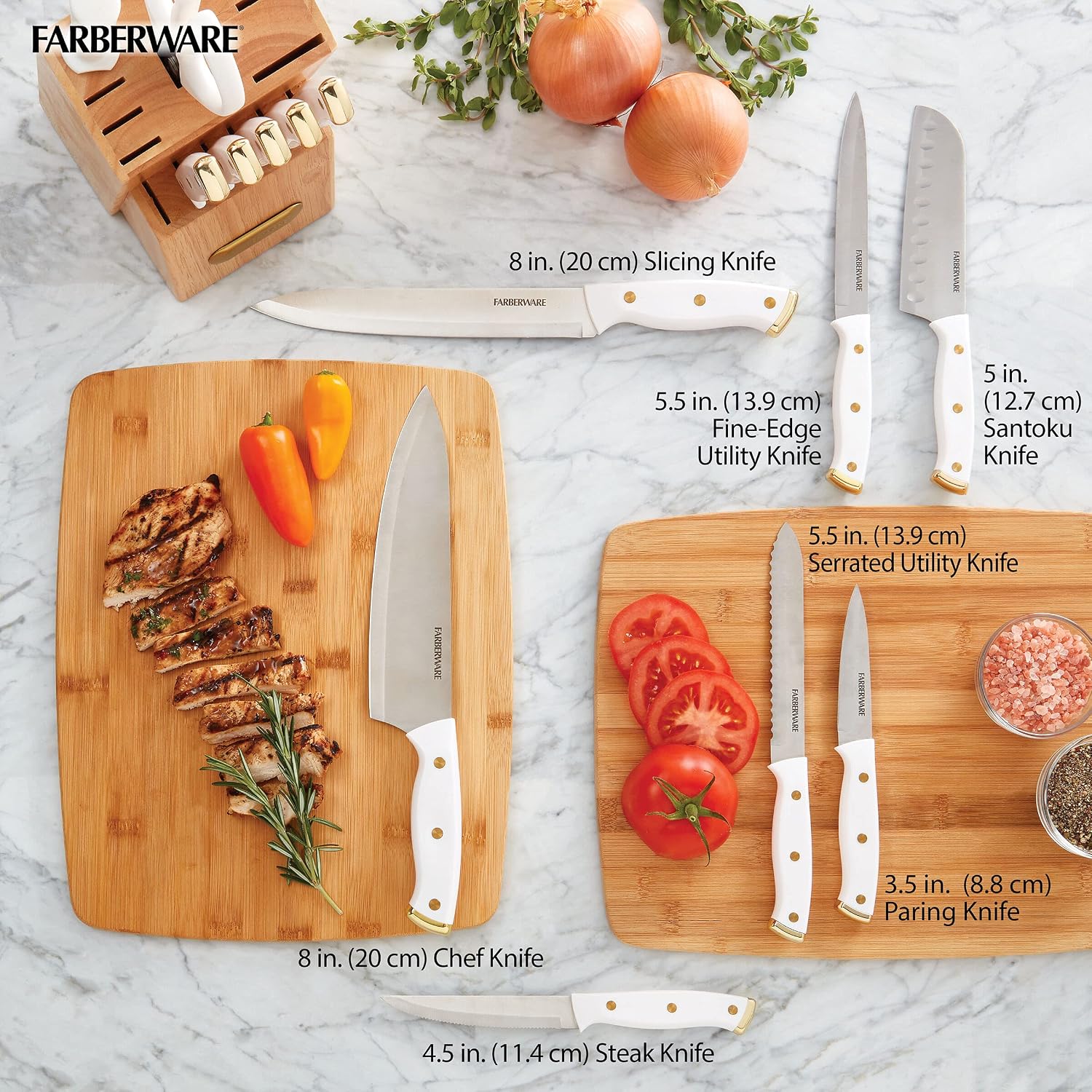 Farberware 15-Piece Knife Block Set, Triple-Riveted High-Carbon Stainless Steel Kitchen Knives, Razor Sharp Blades, Wood Storage Block, White/Gold
