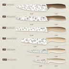 CAROTE 12PCS Knife Set, Kitchen Knife Set with 6 Blade Guards, Stainless Steel Knives Set With Nonstick Ceramic Coating, Rustproof, Delicate Floral Designs, White