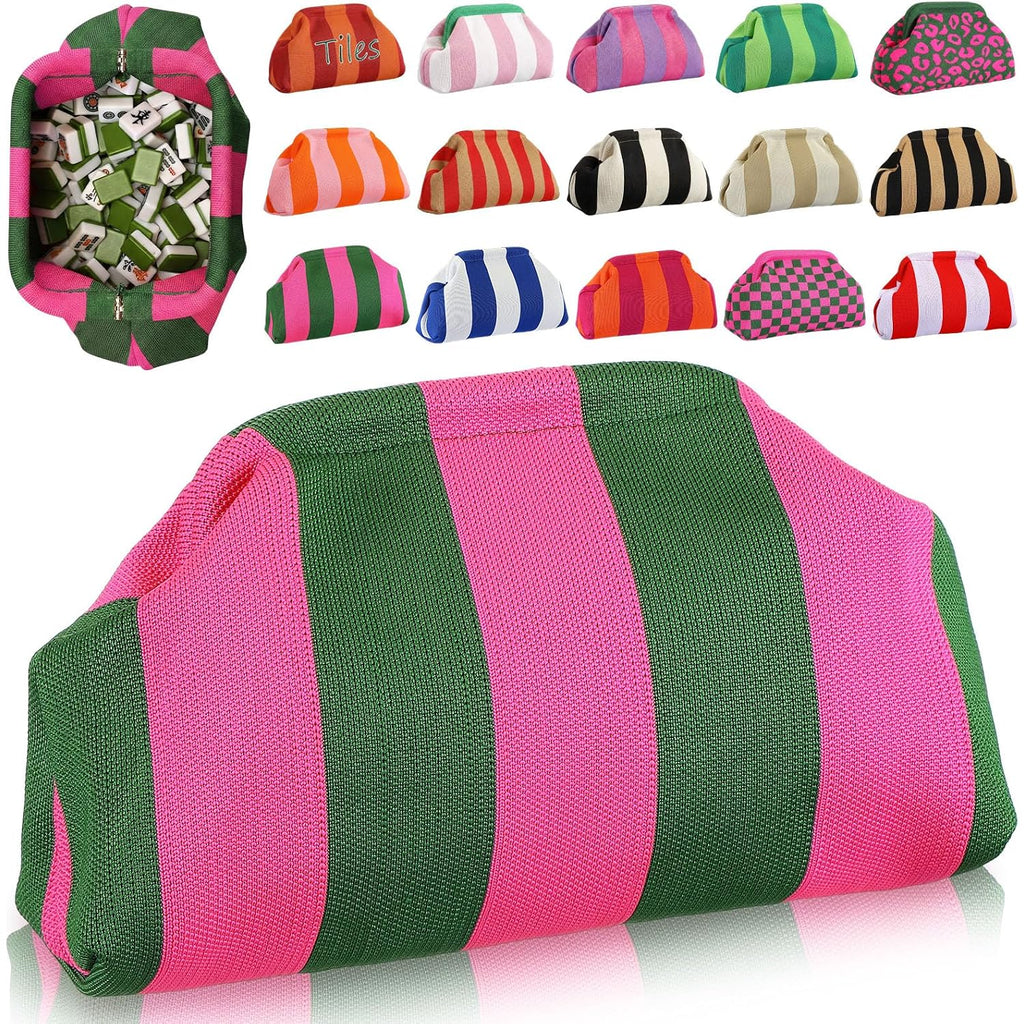 Mahjong Tile Bag Woven Clutch Purses For Women Woven Striped Dumpling Bag Summer Beach Evening Handbag For Mahjong Tile Vacation Supplies(Pink And Green,Thick Lines)