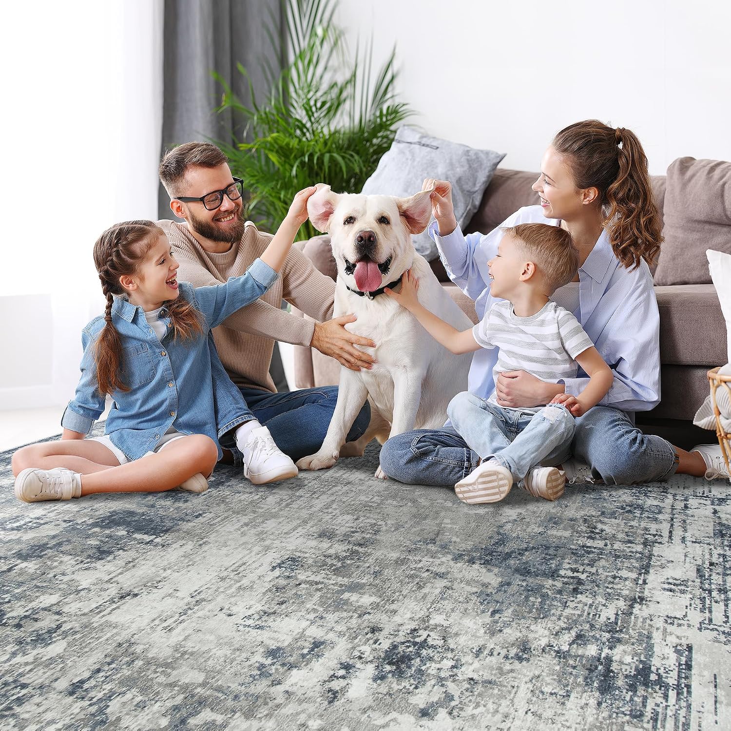 8X10 Area Rugs For Living Room Rug Washable: Modern Large Rug For Dining Room Bedroom Carpet Non Slip 8 By 10 Indoor Abstract Nursery Home Office Blue Grey
