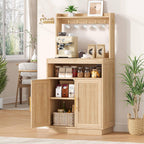 Fluted Coffee Bar Cabinet With Storage, Coffee Station With Adjustable Shelf And Hutch, 23.6" Sideboard Buffet Cabinet With 7 Hooks For Kitchen Living Room, Natural Oak
