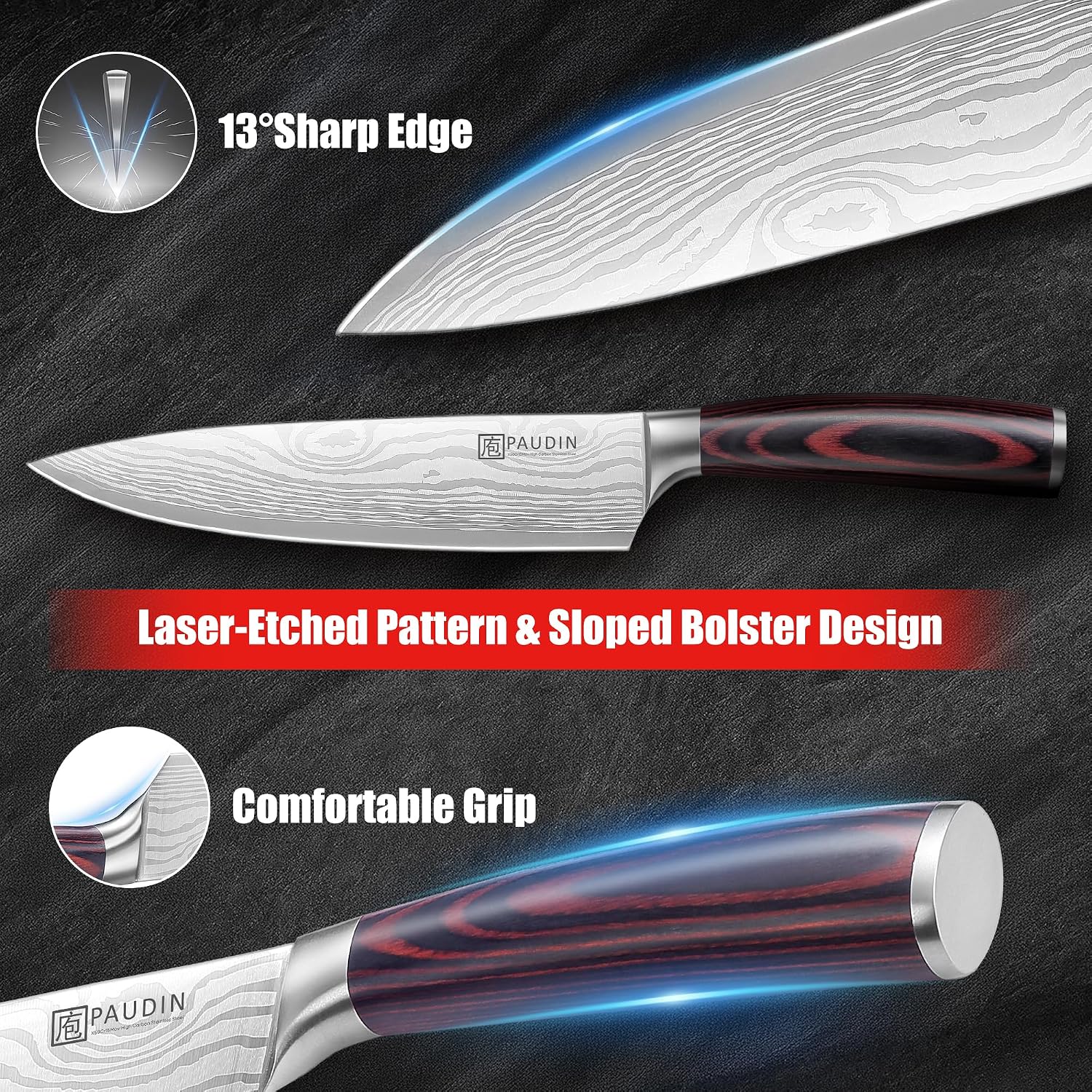 Paudin Chef Knife, 8 Inch High Carbon Stainless Steel Sharp Kitchen Knife With Ergonomic Handle, Gift Box For Family & Restaurant