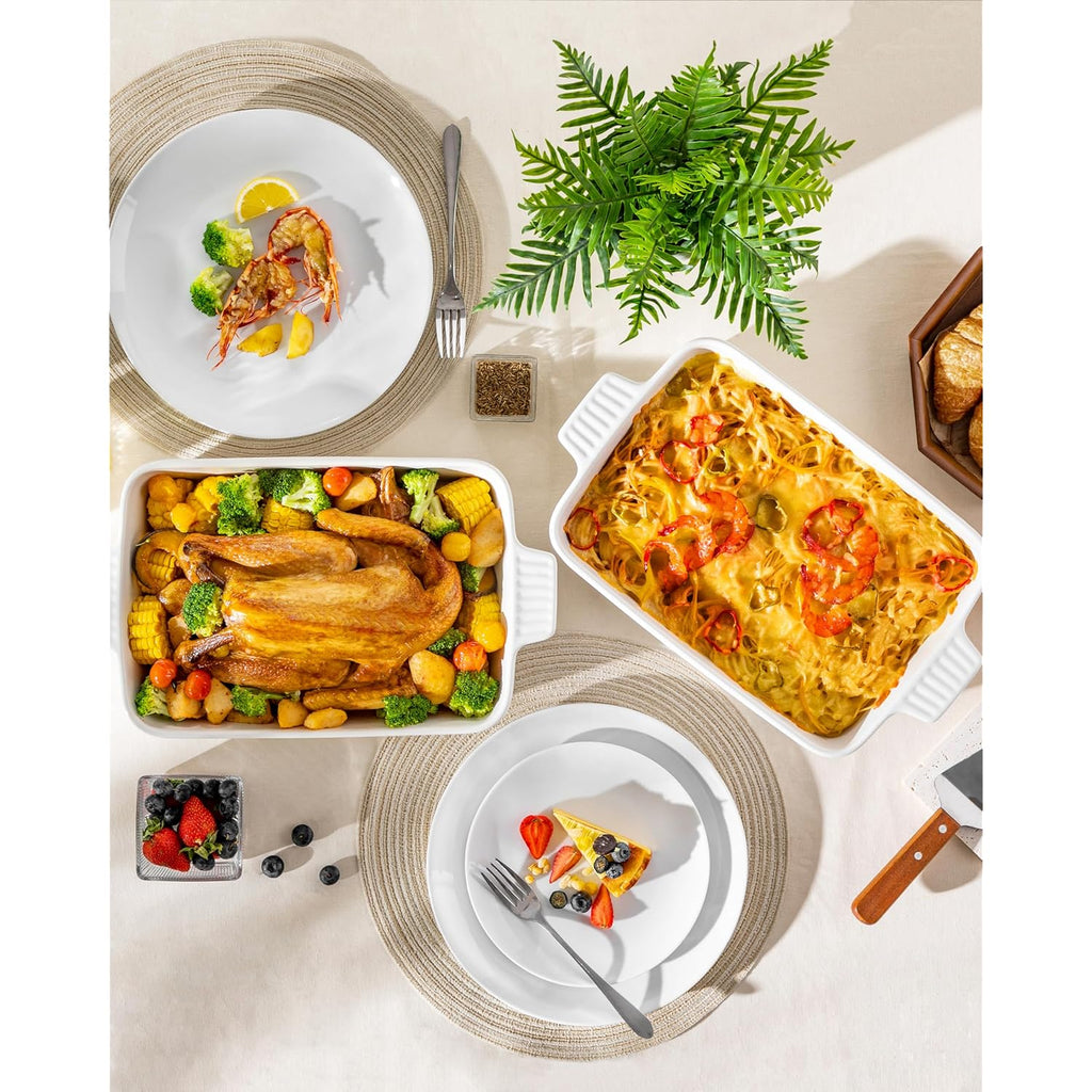 MALACASA 4.4 QT Baking Dish, 9x13 Large Casserole Dish for Oven, Ceramic Baking Pan, Rectangular Lasagna Pan Deep with Handles for Baking, Durable Microwave Oven Safe, Wedding Gift,White, Series BAKE-BAKE