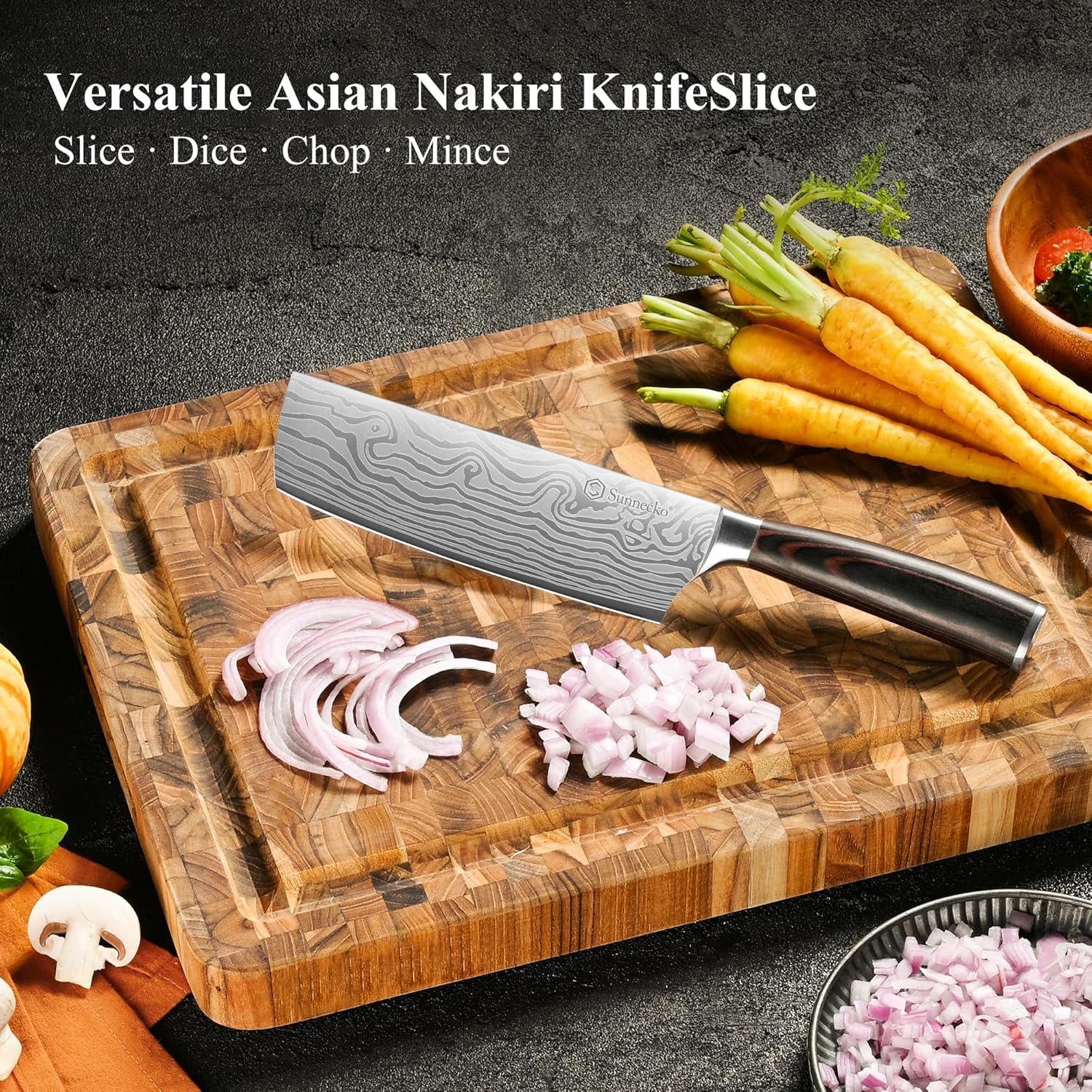 Sunnecko Japanese Nakiri Knife 7 Inch - 15° Edge Carbon Steel Chef Knife Full Tang Forged Blade Vegetable Cleaver with Sheath, Kitchen Gift for Home Cooks & Pros, Father's Day Box