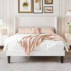 Sha Cerlin Full Size Velvet Bed Frame With Vertical Channel Tufted Wingback Headboard, Upholstered Platform Bed With Wood Slats, No Box Spring Needed, Easy Assembly, White