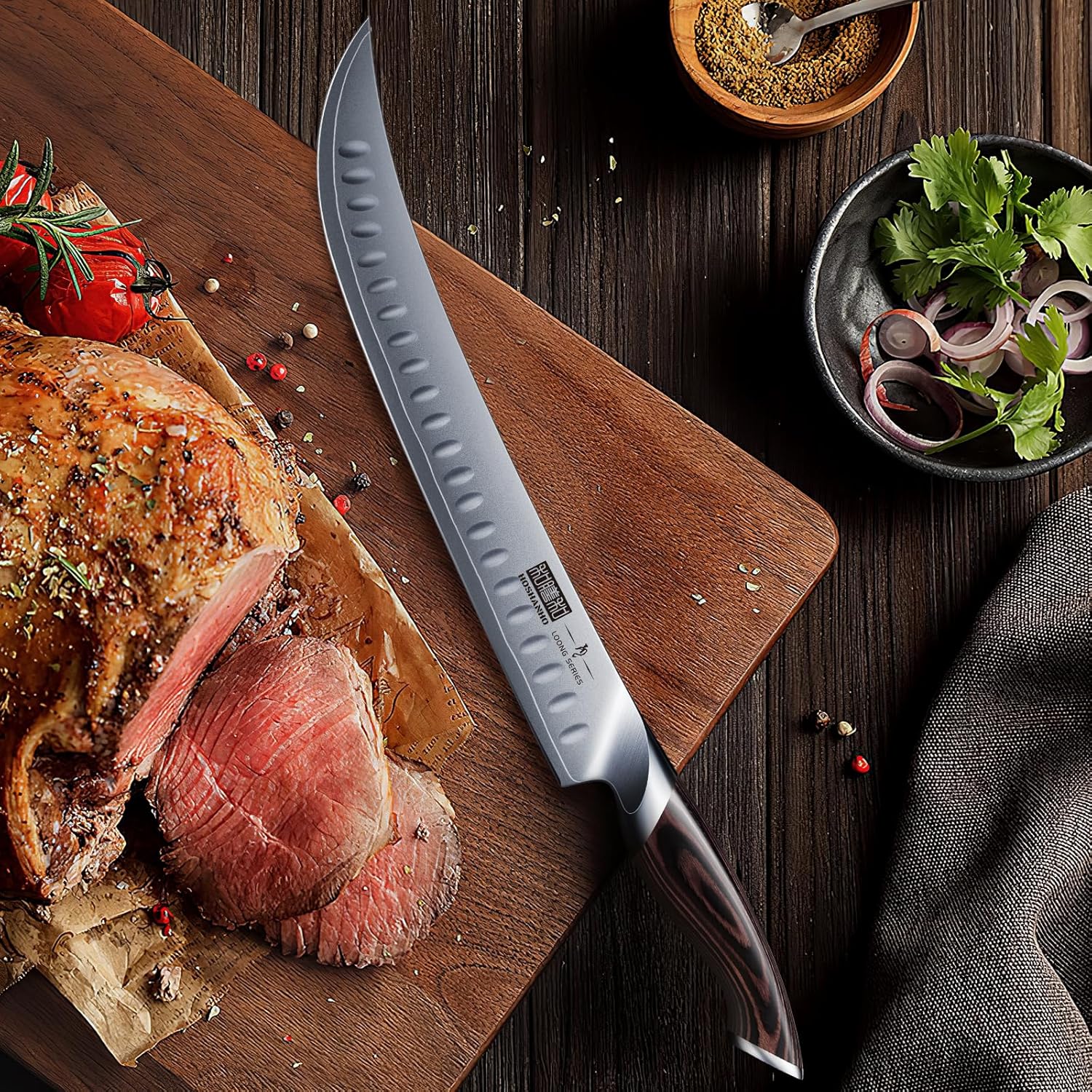HOSHANHO Carving Slicing Knife, 12 Inch Japanese High Carbon Steel Brisket Knife with Ergonomic Pakkawood Handle, Razor Sharp Curved Butcher Breaking Knives for Meat Cutting