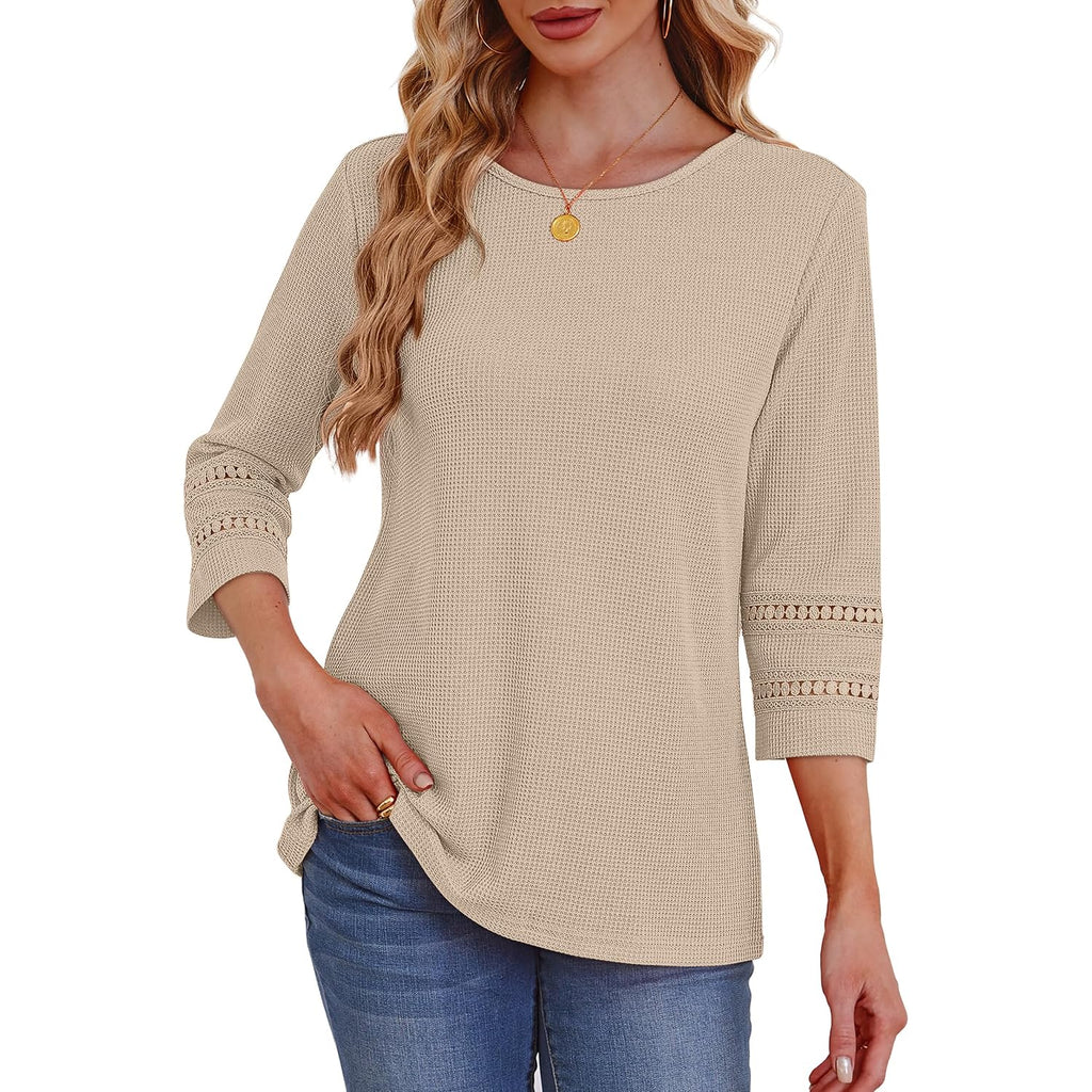OFEEFAN Womens Tops Dressy Casual 3/4 Length Sleeve Shirts Spring Summer Plus Size Lace Crochet Blouses Waffle Knit