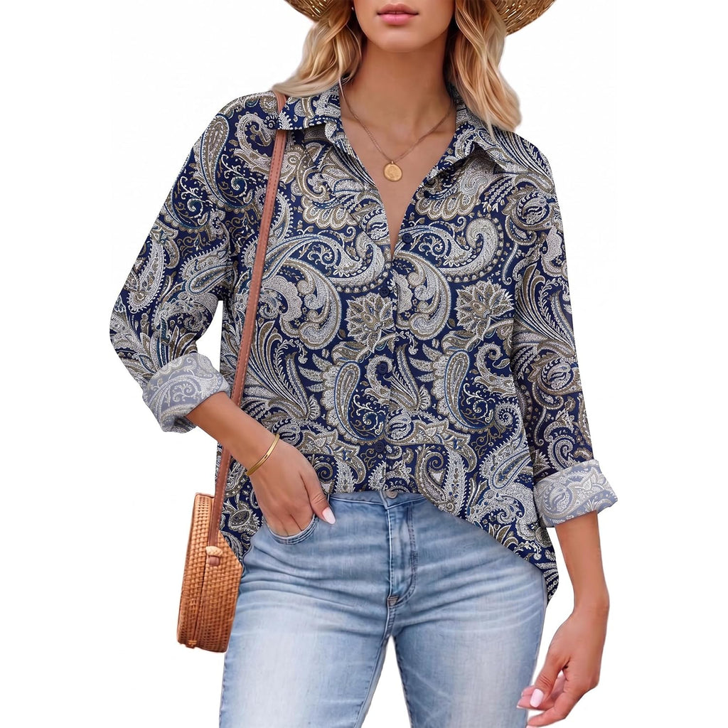 Button Down Shirts for Women Dressy Casual Floral Printed Collared Chiffon Blouse Long Sleeve Business Work Tops
