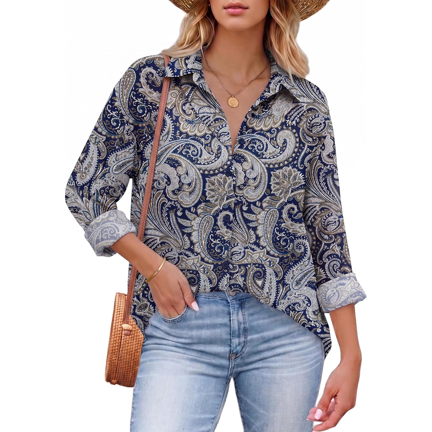 Button Down Shirts for Women Dressy Casual Floral Printed Collared Chiffon Blouse Long Sleeve Business Work Tops