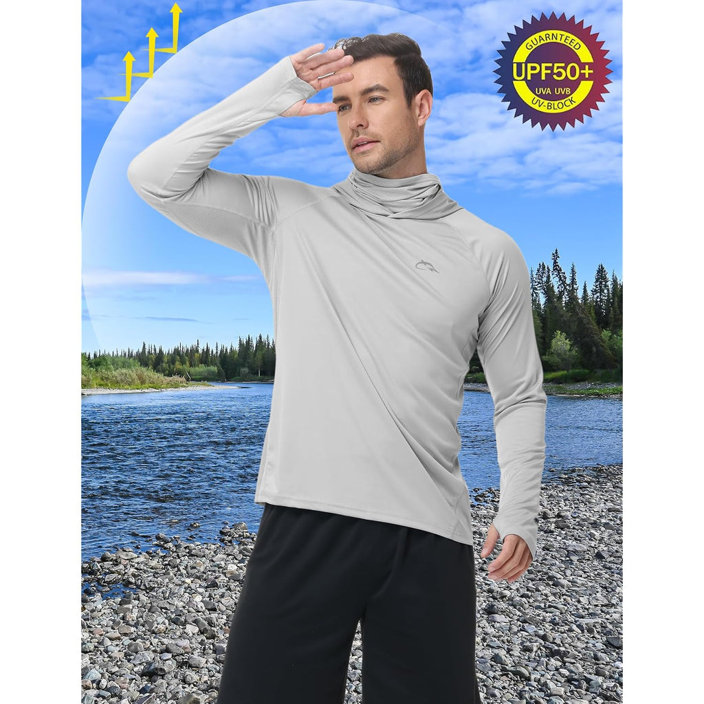 Fisheal Men'S Upf 50+ Sun Hoodie, Uv Protection Quick Dry Long Sleeve Fishing Shirts, Hooded Rash Guard Hiking With Mask