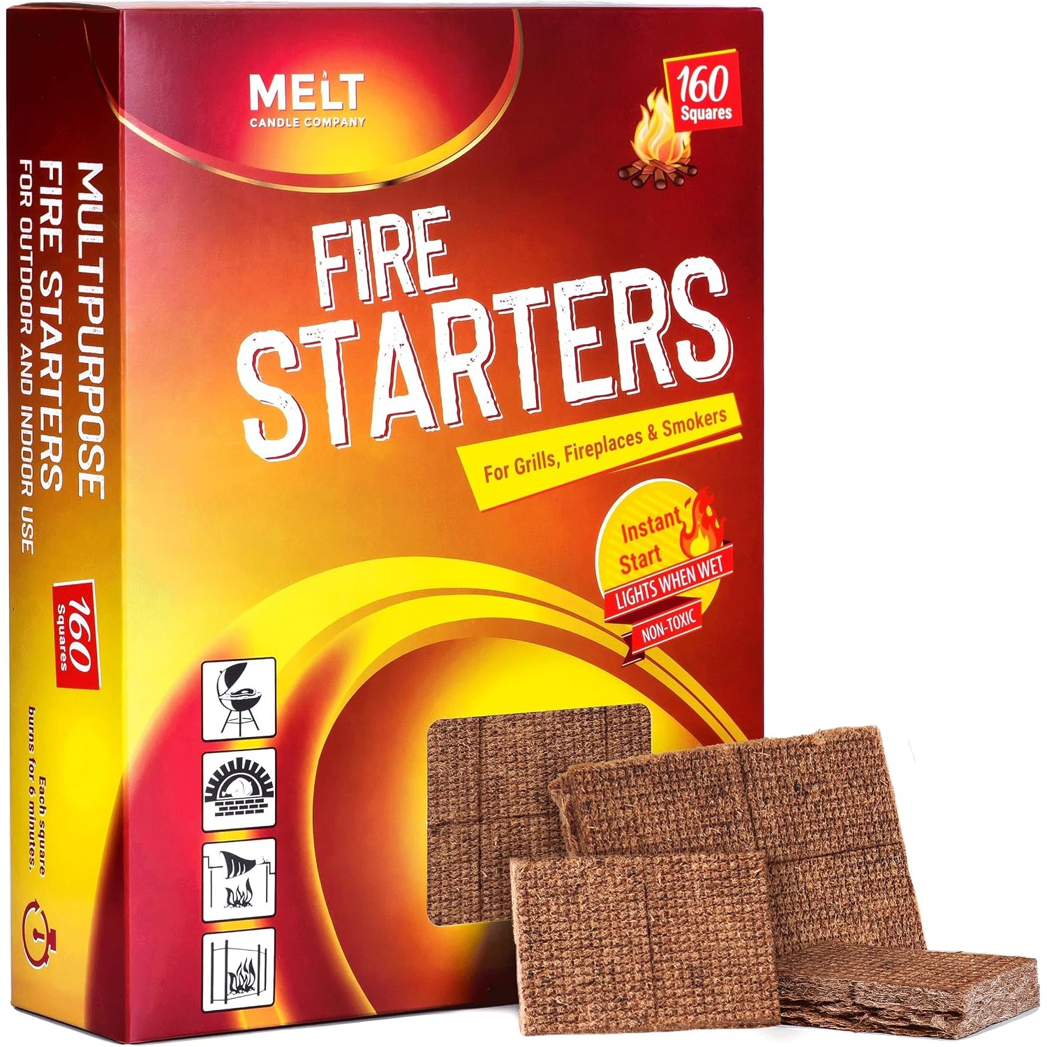 Fire Starter Squares, 160 Count, Campfire, Charcoal Grill & Wood Stove