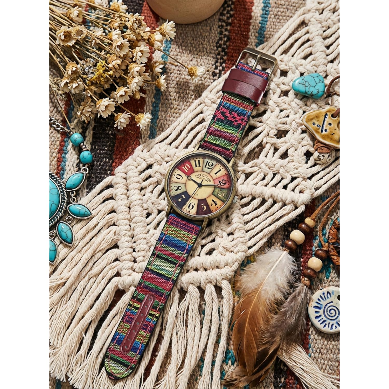 Gosasa Vintage Elegant Boho Hippie Style Quartz Watch for Women, Large Arabic Numerals Dial Creative Dress Colorful Ladies Watch, Fashion Casual Women Wristwatch with Rainbow Woven Strap