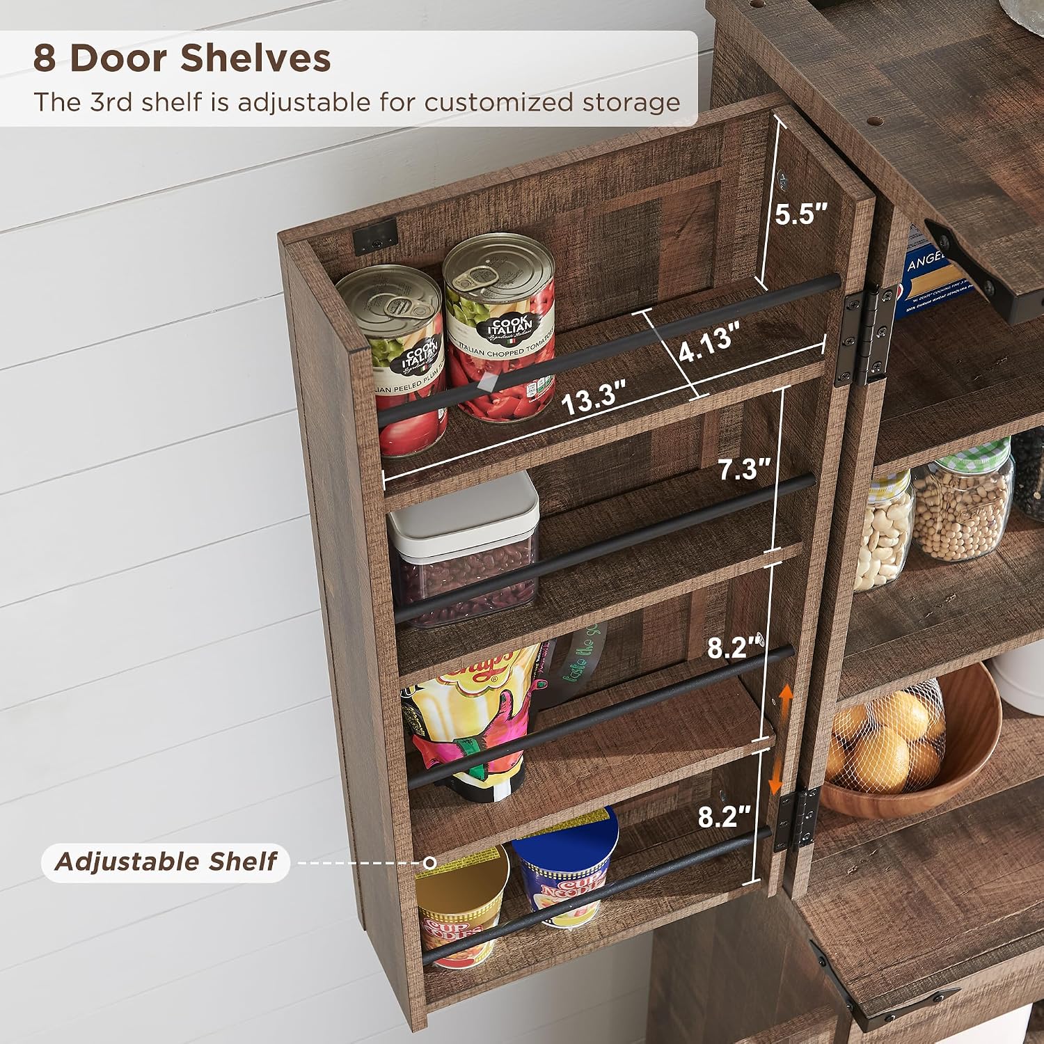72" Tall Wooden Pantry Storage Cabinet With Door Shelves & Drawer | Farmhouse, Barn Doors, Adjustable Shelves, Freestanding, Anti-Tip Kit, For Kitchen, Dining Room, Living Room