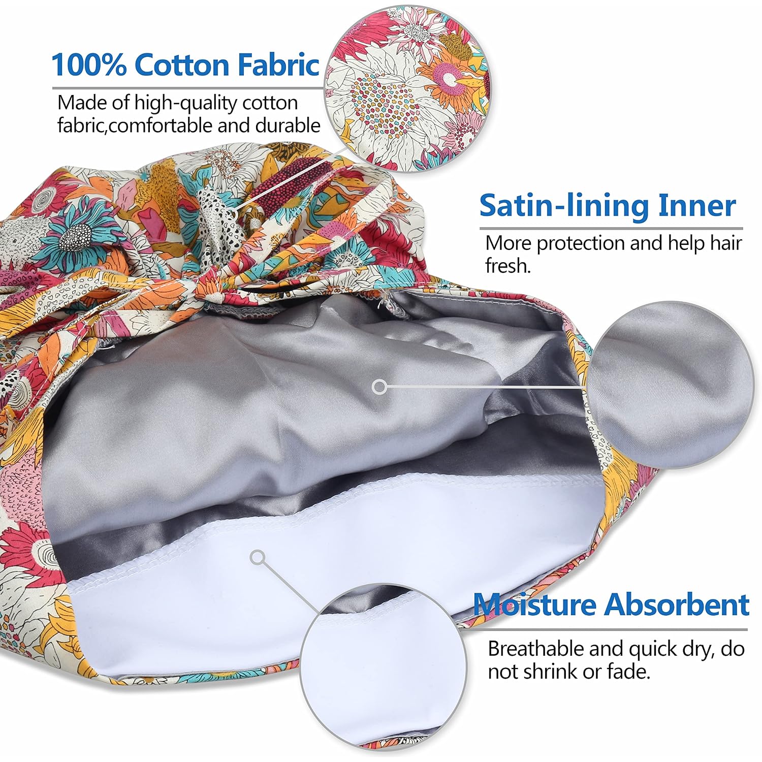 QBA Adjustable Working Cap with Button, Satin-Lined Hat, Cotton Working Hat Sweatband, Elastic Tie Back Hats Unisex #Satin-lined Iridescent Sunflowers