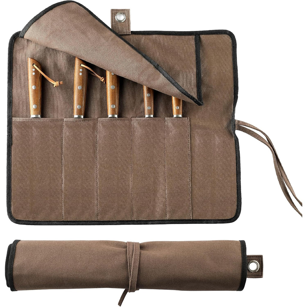 Vruifa Chef’S Knife Roll Bag, Portable Canvas Cases, Chef Bag With 5 Slots Pockets Can Hold Kitchen Knife Tools Up To 15 Inch