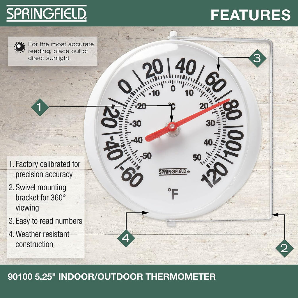 Springfield Big And Bold Thermometer With Mounting Bracket, Indoor Outdoor Thermometer, Easy To Read Numbers For Patio, Pool, And Indoor Areas, 5.25-Inch, White