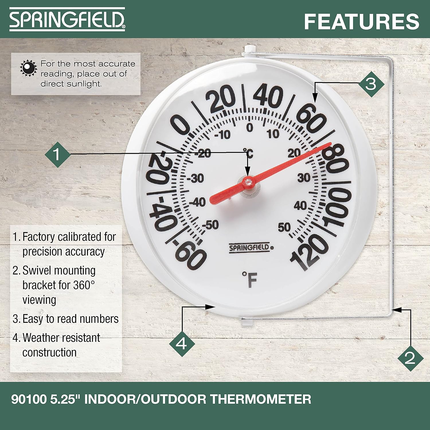 Springfield Big And Bold Thermometer With Mounting Bracket, Indoor Outdoor Thermometer, Easy To Read Numbers For Patio, Pool, And Indoor Areas, 5.25-Inch, White
