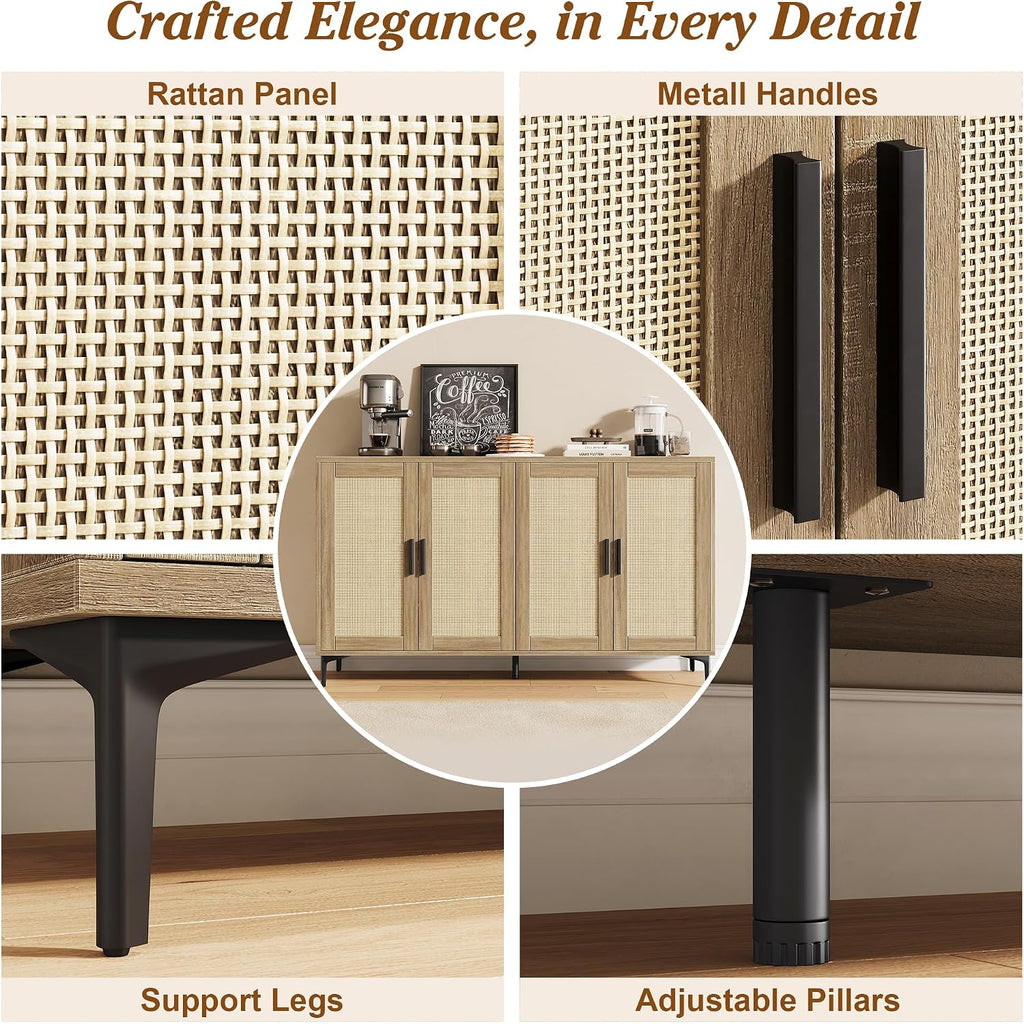 Jasiway Buffet Cabinet With Storage, 48" Rattan Coffee Bar Cabinet Station | Accent Sideboard With Adjustable Shelves, Credenza For Dining Room, Kitchen, Living Room, Entryway, Anti-Tip, Wood
