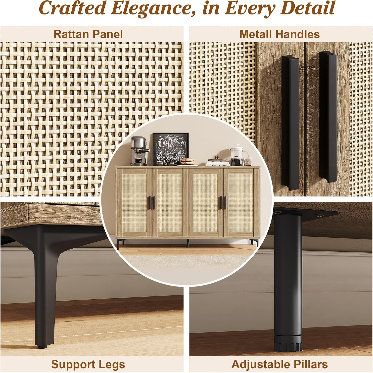 Jasiway Buffet Cabinet With Storage, 48" Rattan Coffee Bar Cabinet Station | Accent Sideboard With Adjustable Shelves, Credenza For Dining Room, Kitchen, Living Room, Entryway, Anti-Tip, Wood