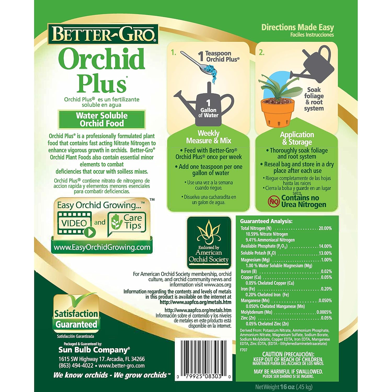 Better-Gro Orchid Plus 20-14-13 - Urea-Free Orchid Fertilizer For Vigorous Growth, Water Soluble, Nitrate Nitrogen-Rich, Ideal For Indoor Potted Plants And Tropical Plants - 16 Oz Resealable Bag