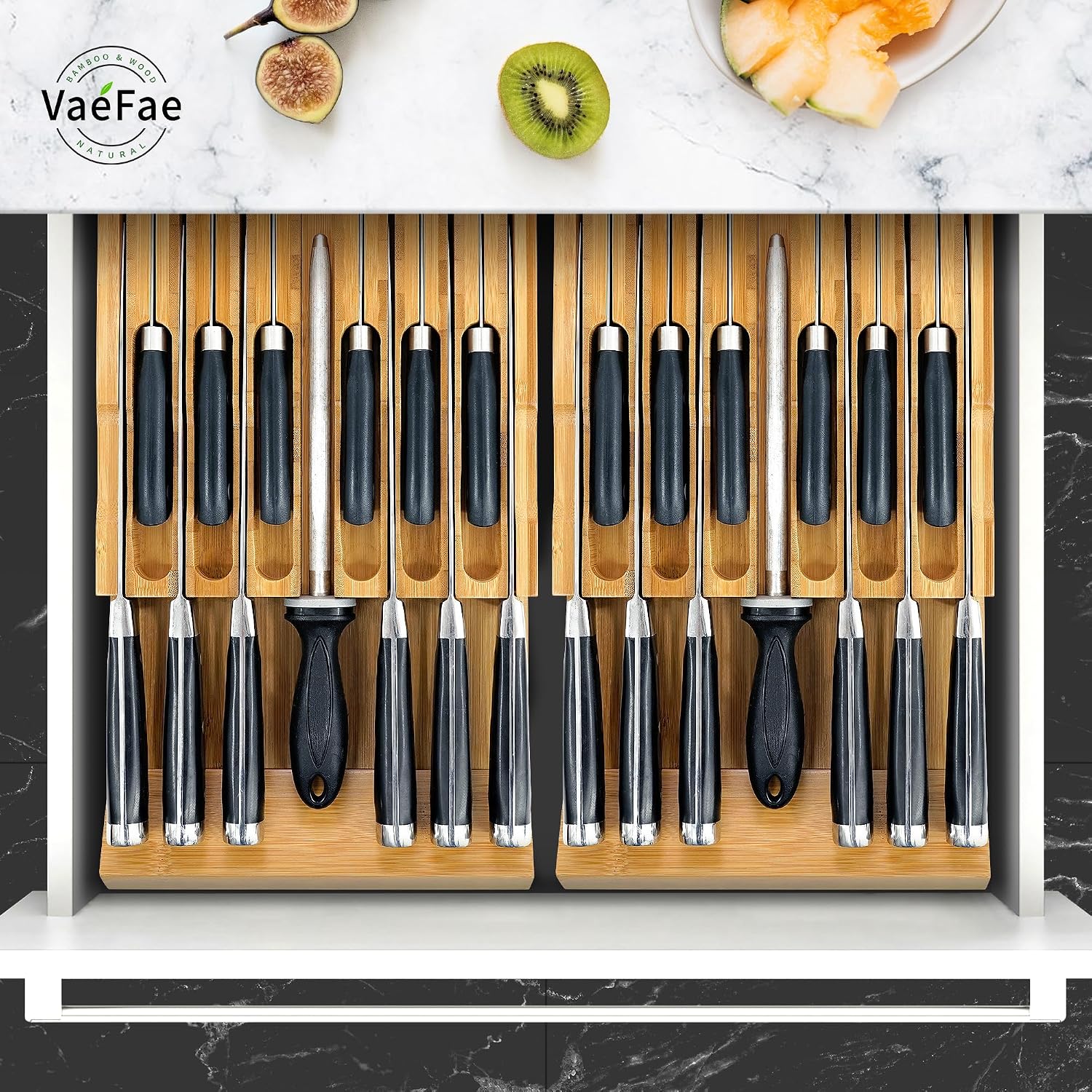 Vaefae Bamboo Knife Drawer Organizer, Knife Drawer Organizer Insert, Kitchen Drawer Knife Block For 12 Knives And A Plus Slot For Your Knife Sharpener (Without Knives)