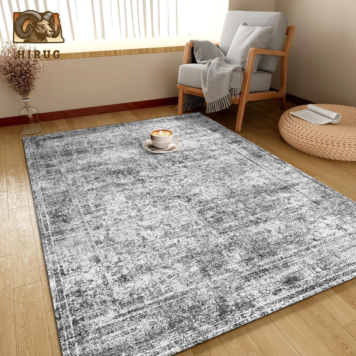 Washable Area Rug 5' x 7' Vintage Traditional Persian Mat - Foldable Distressed Non-Slip Machine Washable Carpet for Living Room Bedroom Kitchen Home Decor - Graphite and Mist