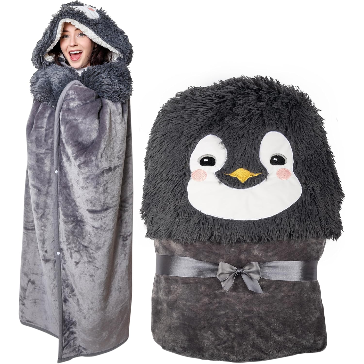 Penguin Wearable Hooded Blanket - Warm & Cozy Oversized Blanket Hoodie With Hand Gloves- Soft Plush Premium Sherpa And Flannel Fleece Hoodie Blanket - Penguin Gifts For Women Adults And Kids
