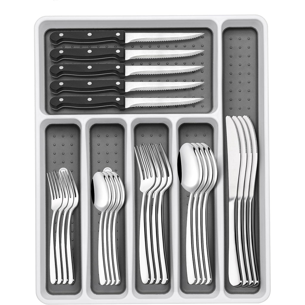 49-Piece Silverware Set with Organizer, Heavy Duty Stainless Steel Flatware Set for 8, Cutlery Utensil Sets with Steak Knives, Rust-proof, Mirror Polished, Dishwasher Safe, Heavy Duty