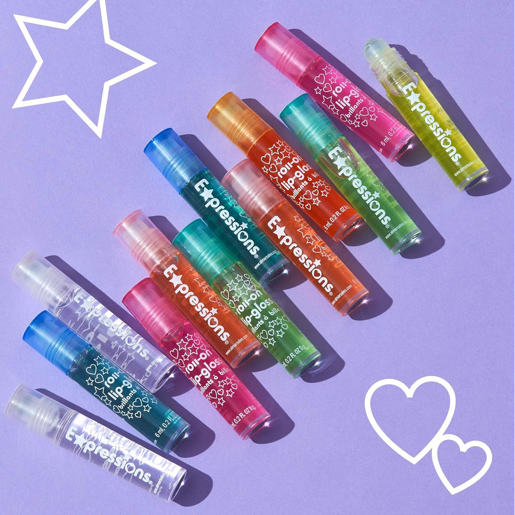 Expressions girl 12pc Roll-On Lip Gloss Set with Carrying Case – Fruity Non-Toxic Glossy Lip Makeup for Kids & Teens | Kid-Friendly Party & Best Friends Gift Set for Girls – So Fun