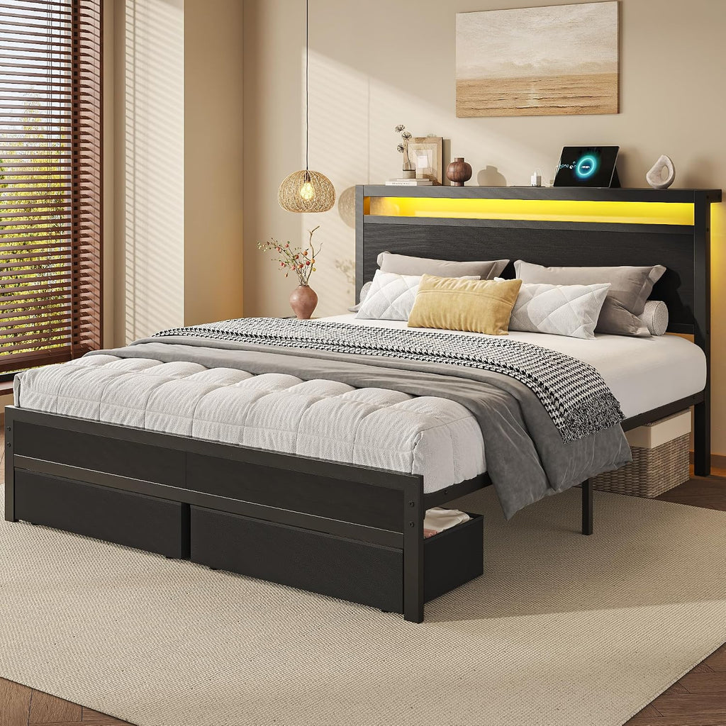 Hisoft Queen Bed Frame With Storage, Wood Headboard With Fast Charging Station, Led Lights, Platform Bed Frame Queen Size, Fabric Drawers With Wheels, No Box Spring Needed, Noise Free, Black