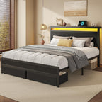 Hisoft Queen Bed Frame With Storage, Wood Headboard With Fast Charging Station, Led Lights, Platform Bed Frame Queen Size, Fabric Drawers With Wheels, No Box Spring Needed, Noise Free, Black
