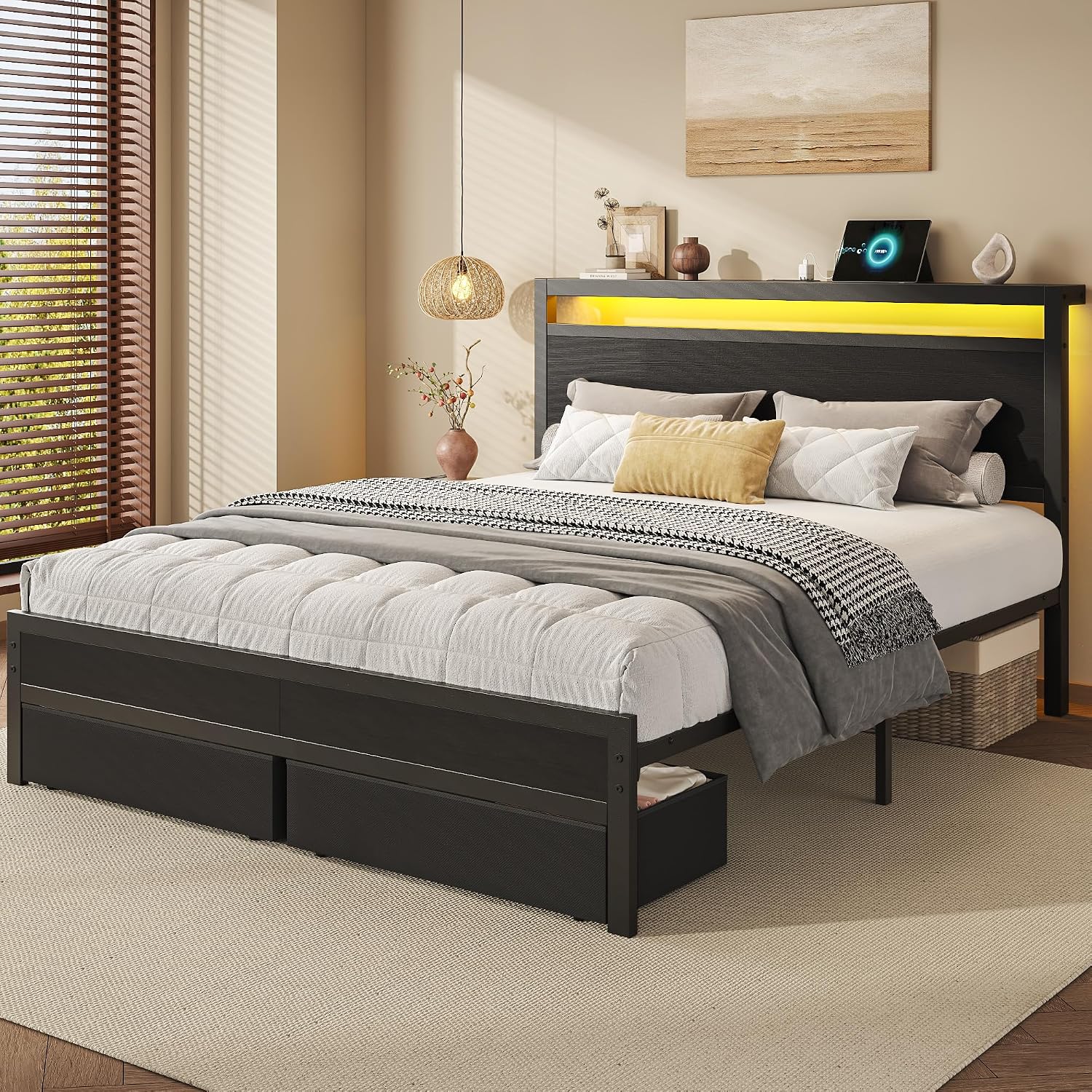 Hisoft Queen Bed Frame With Storage, Wood Headboard With Fast Charging Station, Led Lights, Platform Bed Frame Queen Size, Fabric Drawers With Wheels, No Box Spring Needed, Noise Free, Black