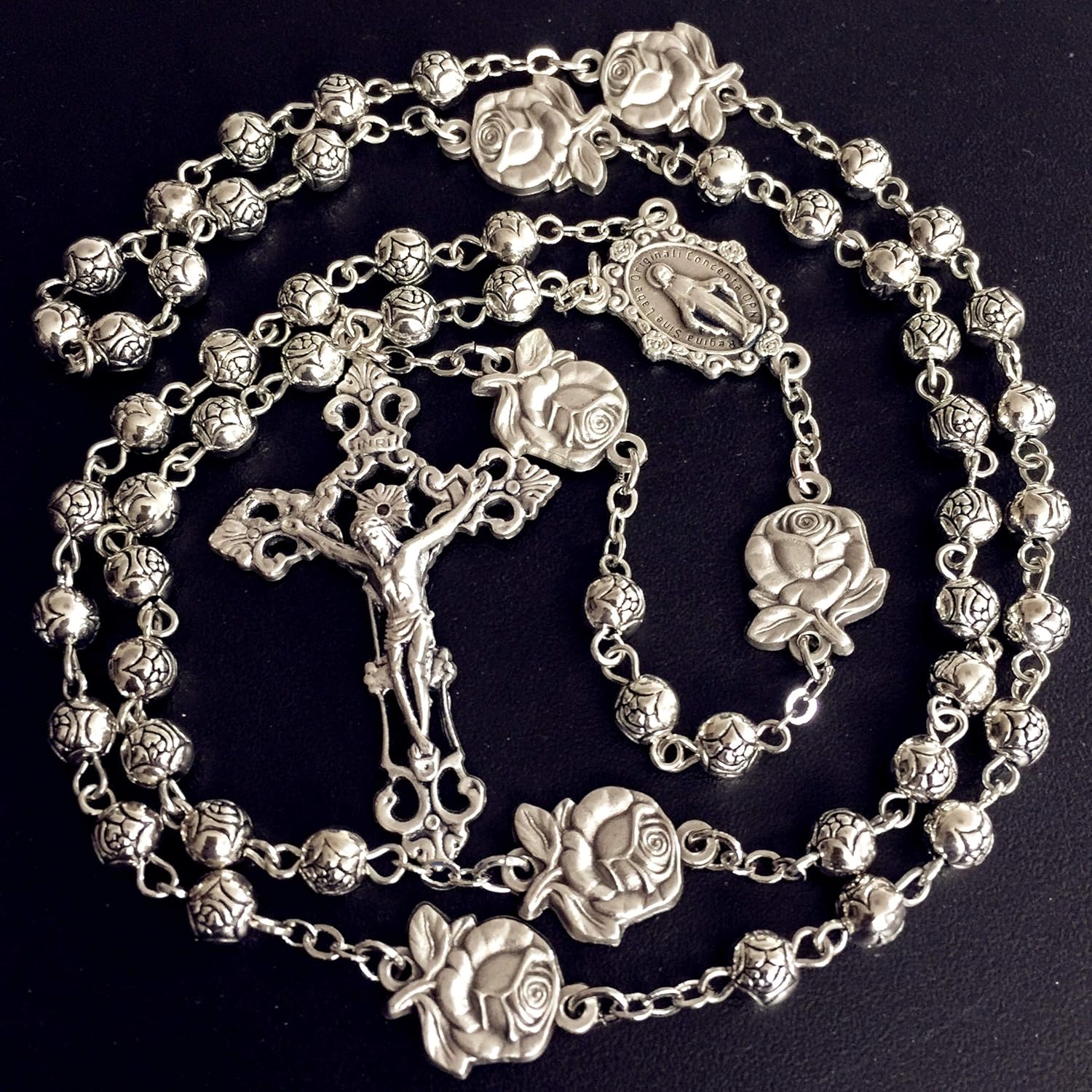 elegantmedical HANDMADE Silver rose beads Catholic 5 DECADE Rosary case Cross Gift Box Italy crucifix cross