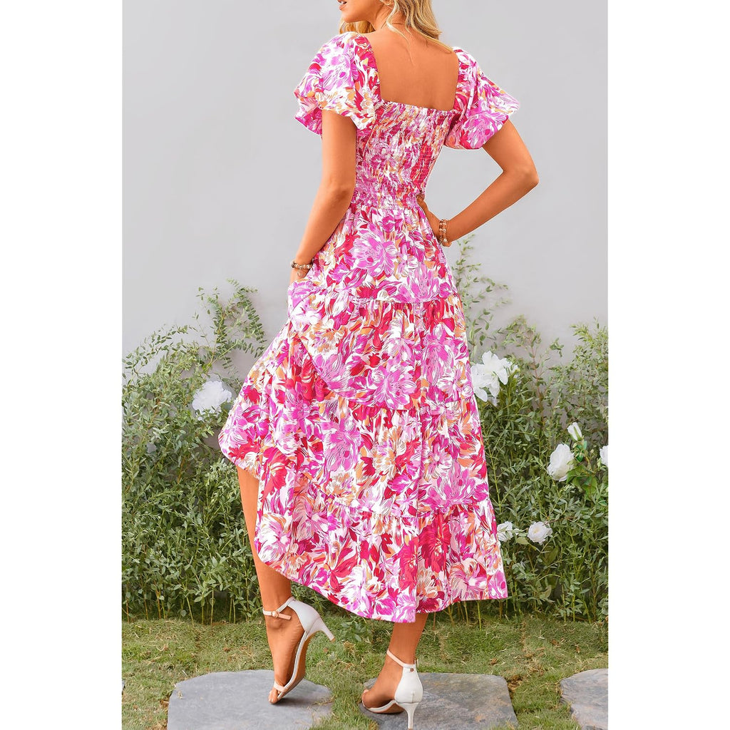 Prettygarden Women'S Casual Summer Midi Dress Puffy Short Sleeve Square Neck Smocked Tiered Ruffle Dresses