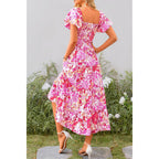 Prettygarden Women'S Casual Summer Midi Dress Puffy Short Sleeve Square Neck Smocked Tiered Ruffle Dresses