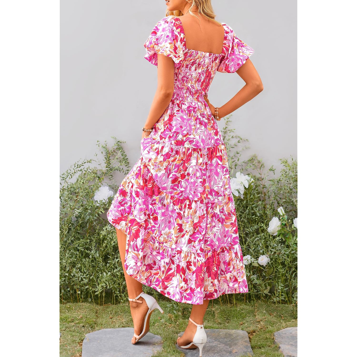 Prettygarden Women'S Casual Summer Midi Dress Puffy Short Sleeve Square Neck Smocked Tiered Ruffle Dresses