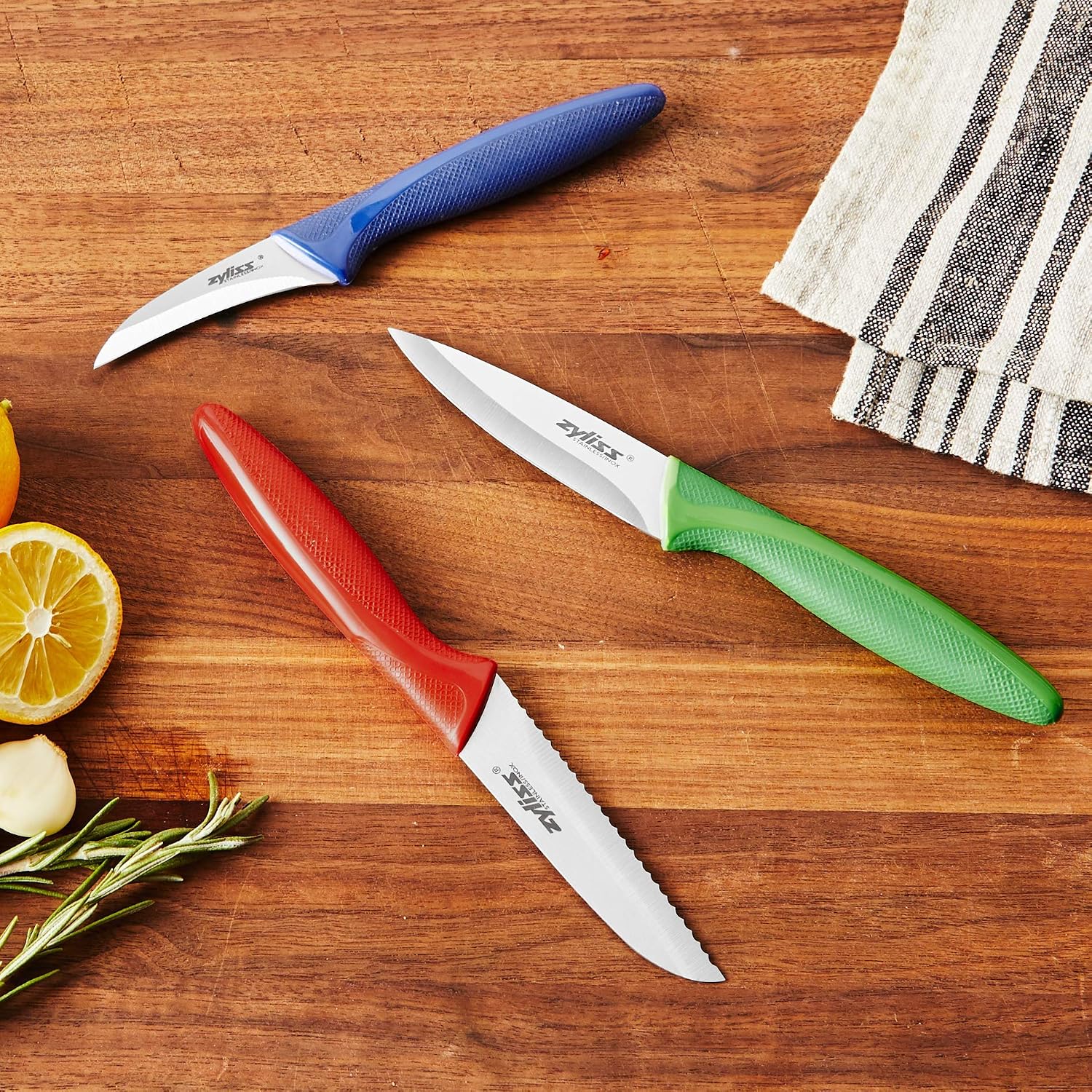 Zyliss 3 Piece Peeling & Paring Knife Set With Covers - Kitchen Knives For Fruits & More - Ideal For Kitchen Collections - Blue, Green, & Red