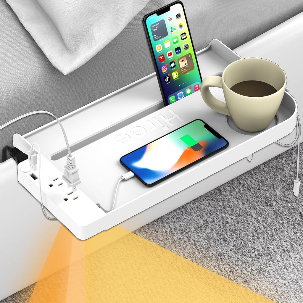 Hiree Bedside Shelf For Dorm Bunk Bed With Usb Charging Port And 2 Ac Outlets, Bedside Caddy, Bunk Bed Extender, Attachable Bedside Table, College Dorm Essential Clip On Bedside Tray, Plus Size, White