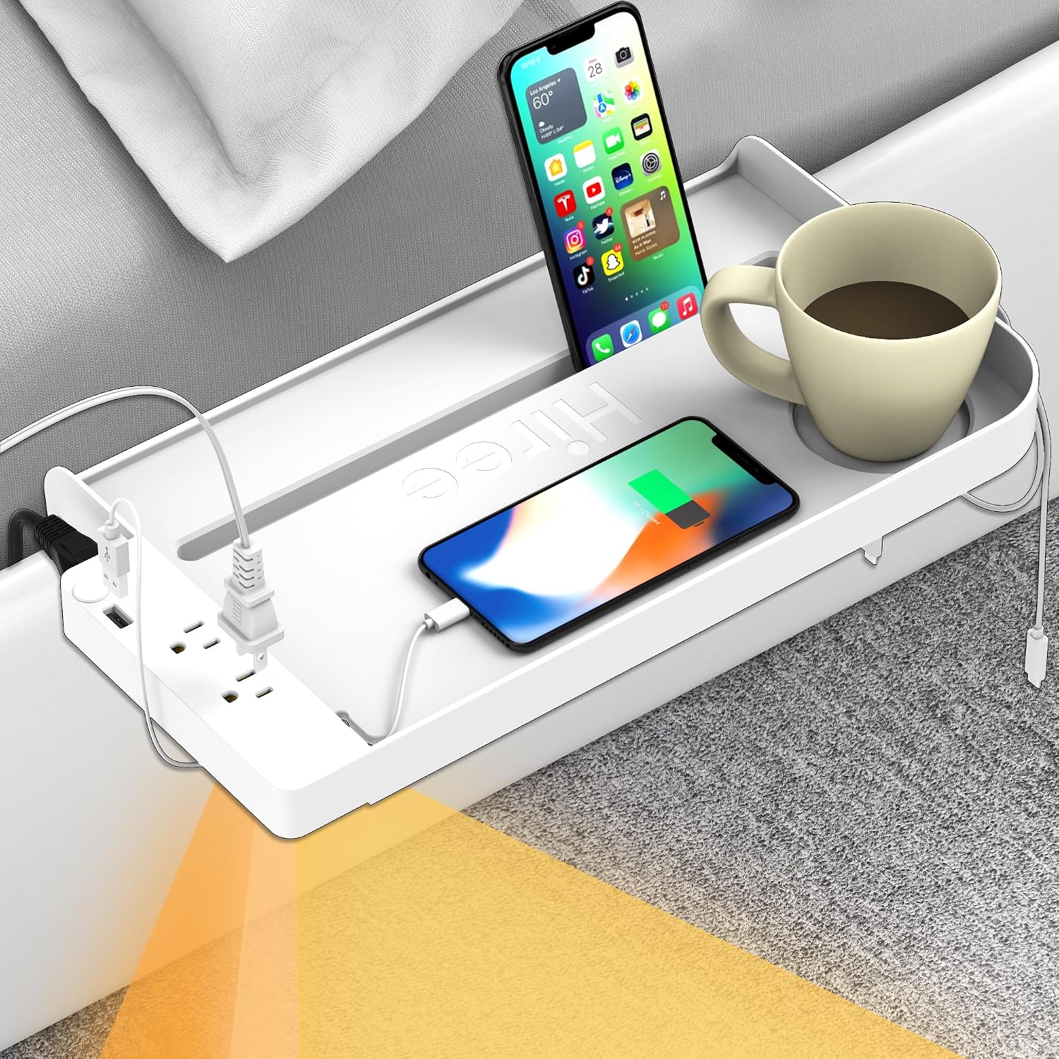 Hiree Bedside Shelf For Dorm Bunk Bed With Usb Charging Port And 2 Ac Outlets, Bedside Caddy, Bunk Bed Extender, Attachable Bedside Table, College Dorm Essential Clip On Bedside Tray, Plus Size, White