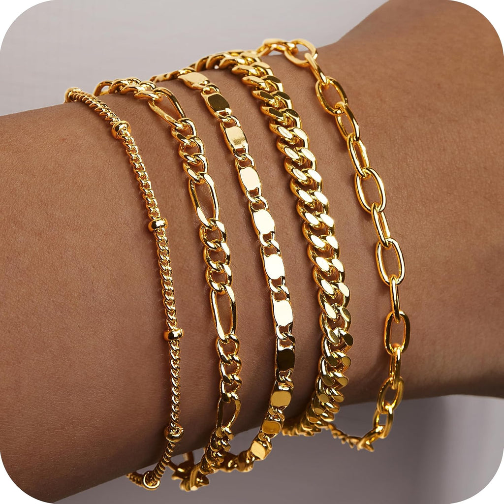 Gokeey Gold Bracelets Set for Women Non Tarnish Trendy,14K Gold Plated Dainty Stackable Paperclip Cuban Link Chain Bracelets, Simple Cute Cuff Bracelets Jewelry Set Adjustable 7"+2"