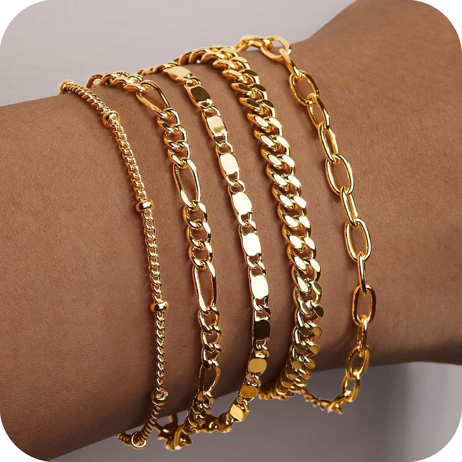 Gokeey Gold Bracelets Set for Women Non Tarnish Trendy,14K Gold Plated Dainty Stackable Paperclip Cuban Link Chain Bracelets, Simple Cute Cuff Bracelets Jewelry Set Adjustable 7"+2"