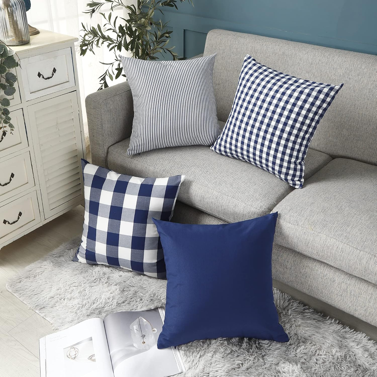 Blue White Farmhouse Striped Pillow Covers 18X18 Set Of 2 Navy Blue Farmhouse Decor Pillows For Sofa Bedroom Chair And Christmas Decoration