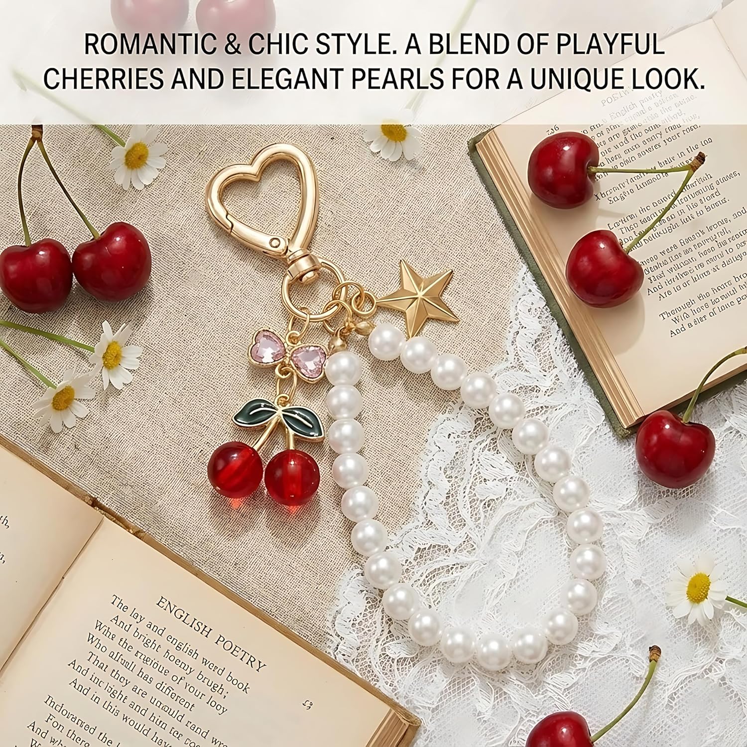 2Pcs Cherry Keychain & Pearl Bow Keychain, Sparkly Bowknot Purse Charm Flower Key Chain for Handbags Backpacks Keys