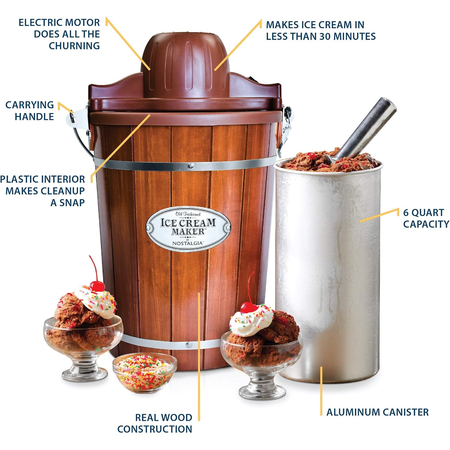 Nostalgia Electric Ice Cream Maker With 6 Qt Capacity - Old Fashioned Ice Cream Machine Makes Frozen Yogurt Or Gelato In Minutes- Vintage Wooden Style Ice Cream Maker With Aluminum Canister- Dark Wood