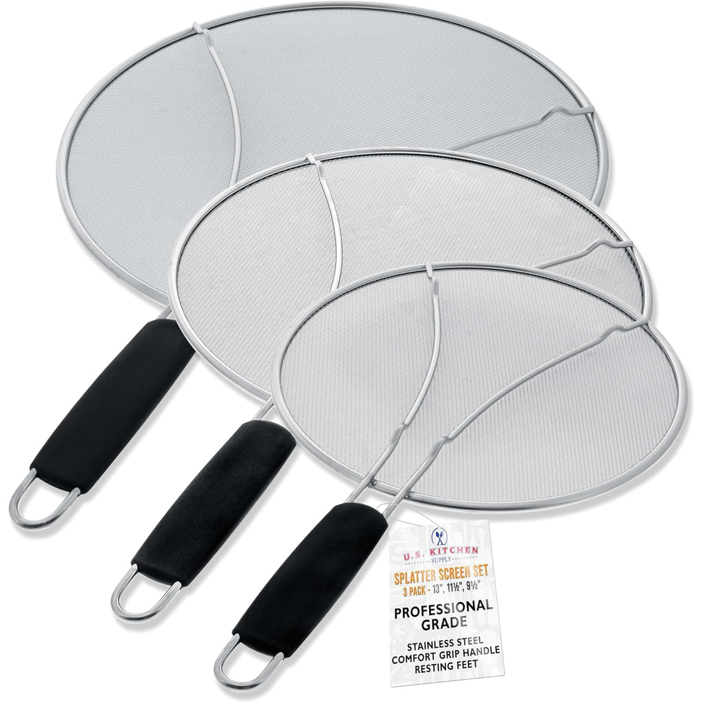 U.S. Kitchen Supply 3-Piece Stainless Steel Splatter Guard Set (13", 11.5", 9.5") Fine Mesh Cover, Grease & Oil, Splatter Screen For Frying Pan, Cooking Pots, With Resting Feet & Comfort Grip Handles
