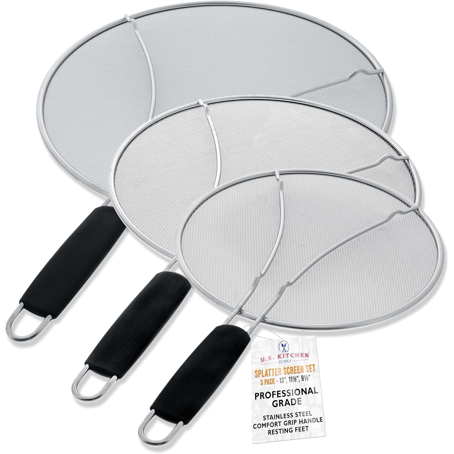 U.S. Kitchen Supply 3-Piece Stainless Steel Splatter Guard Set (13", 11.5", 9.5") Fine Mesh Cover, Grease & Oil, Splatter Screen For Frying Pan, Cooking Pots, With Resting Feet & Comfort Grip Handles